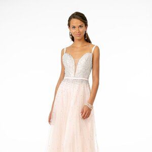 NEW LONG OFF THE SHOULDER SLEEVELESS A-LINE MESH DRESS WITH ZIPPER BACK GL2892